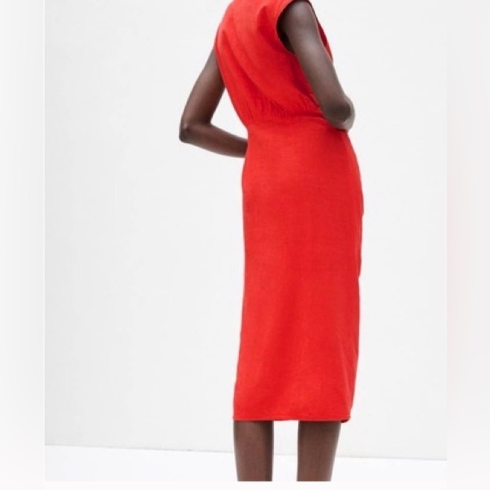 Zara cherry red sleeveless front button ruched linen blend midi dress sz M - Picture 4 of 15